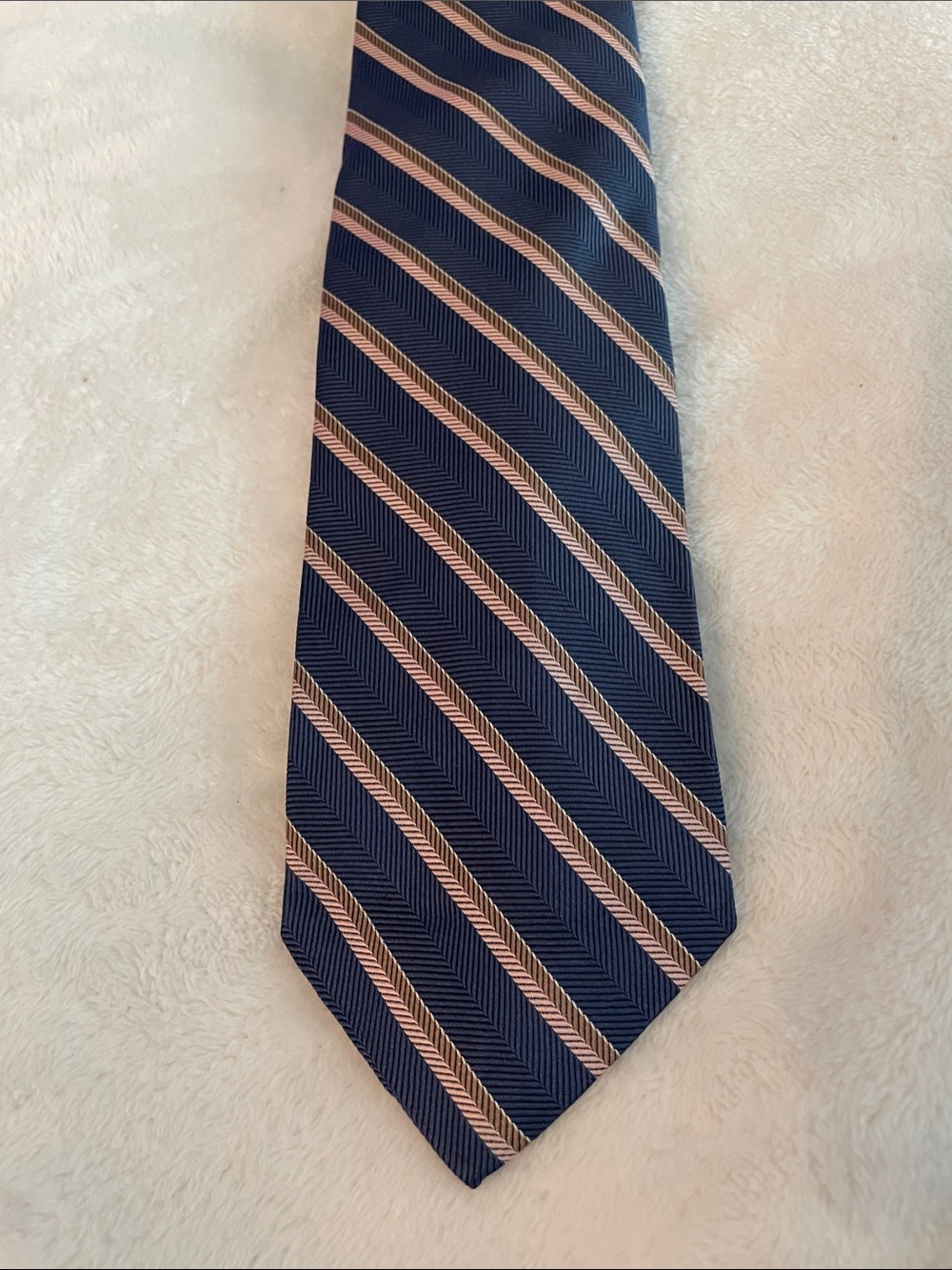 Vintage Christian Dior Navy Silk Tie with Pink and Tan Diagonal Stripes 56"/3"